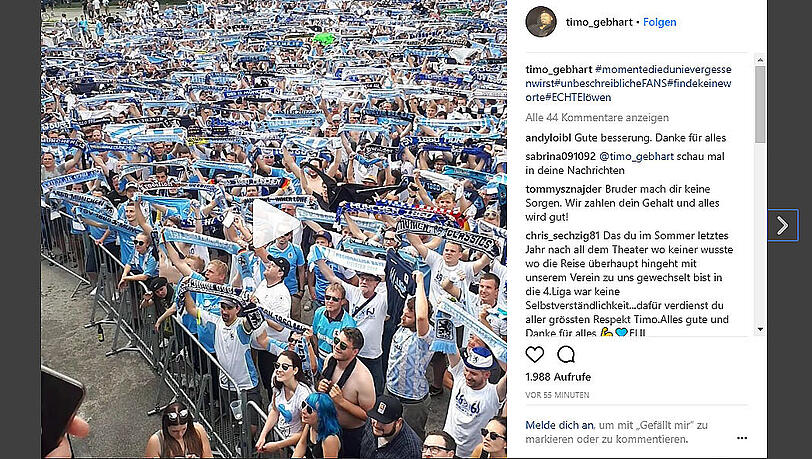 Emotionale Geste: Timo Gebhart verabschiedet sich bei Instagram von den Löwen-Fans. Emotionale Geste: Timo Gebhart verabschiedet sich bei Instagram von den Löwen-Fans.