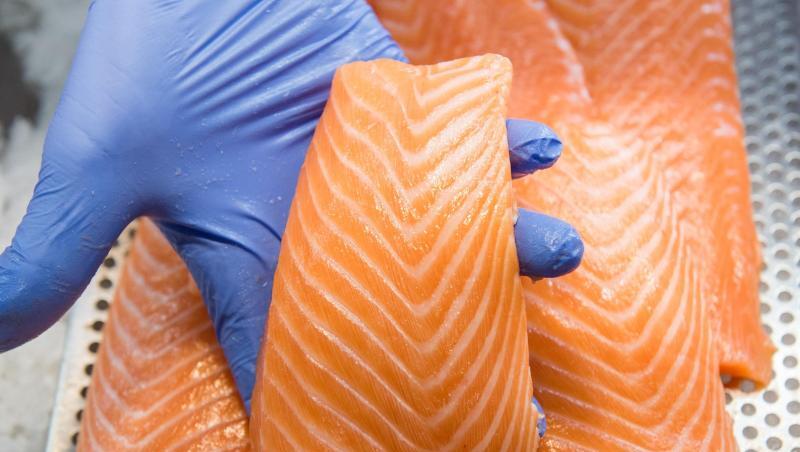 Ein Mitarbeiter präsentiert in einem Fischmarkt in einer Kühlvitrine liegenden Lachs. Ein Mitarbeiter präsentiert in einem Fischmarkt in einer Kühlvitrine liegenden Lachs.