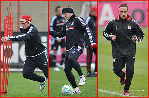 Ob Mario Gomez, Franck Ribery oder Bastian Schweinsteiger - die Bayern geben beim Abschlusstraining vor dem Rückspiel gegen Basel in der Säbener Straße nochmal Gas - hier die Bilder...