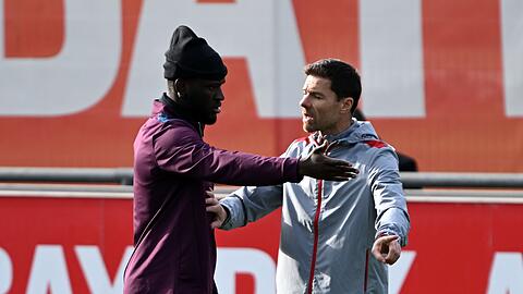 Leverkusens Trainer Xabi Alonso (r) kann wieder mit Stürmer Victor Boniface planen.