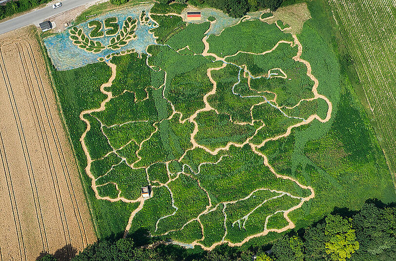 Das Wiedervereinigungs-Labyrinth in Utting am Ammersee aus der Luft.