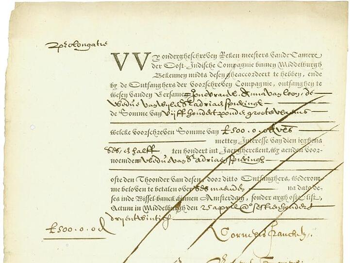 Die Reproduktion zeigt eine Anleihe der Niederländischen Ostindien-Kompanie aus dem Jahr 1623. Foto: Matthias Schmitt