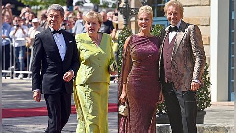 Angela Merkel mit ihrem Ehemann Joachim Sauer sowie Karina Mroß mit Entertainer Thomas Gottschalk (v.l.) bei den Bayreuther Festspielen.