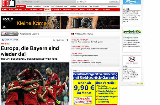 Bild.de: "Europa, die Bayern sind wieder da. Die Münchner böllern Schweiz-Meister Basel weg - und fegen damit jeden Zweifel an einer Blamage nach dem Hinspiel weg."