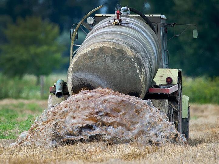 Ein Bauer beim Ausbringen von Gülle auf einem Feld im Oderbruch.