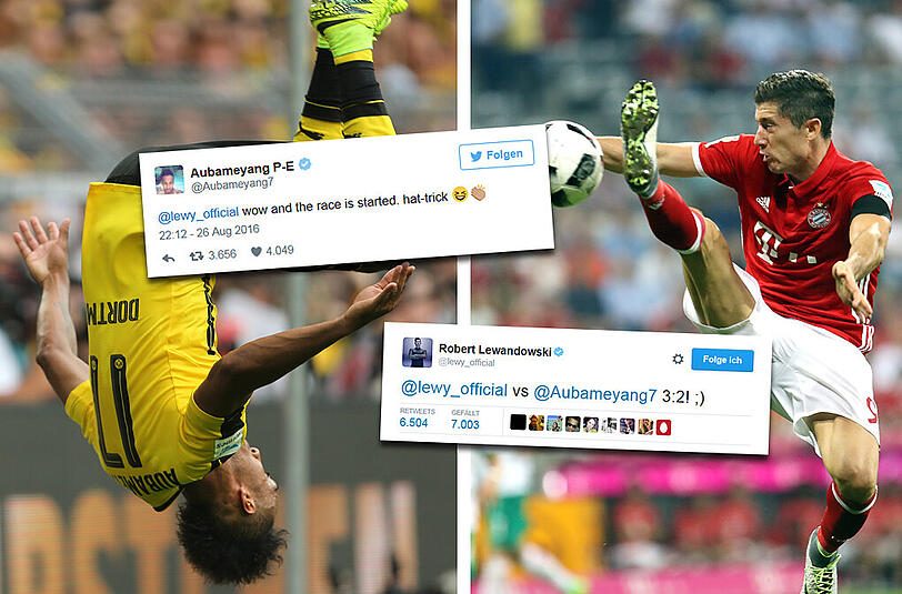 Links: Pierre-Emerick Aubameyang feiert seine Treffer gern per Salto. Rechts: Der amtierende Torschützenkönig der Bundesliga: Bayern-Stürmer Robert Lewandowski.
