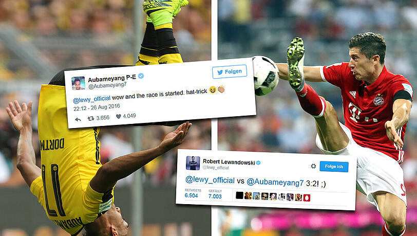 Links: Pierre-Emerick Aubameyang feiert seine Treffer gern per Salto. Rechts: Der amtierende Torschützenkönig der Bundesliga: Bayern-Stürmer Robert Lewandowski. Links: Pierre-Emerick Aubameyang feiert seine Treffer gern per Salto. Rechts: Der amtierende Torschützenkönig der Bundesliga: Bayern-Stürmer Robert Lewandowski.