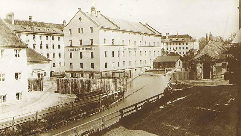 St.-Anna-Kunstmühle am Kainzmühlbach in der Pilotystraße. Das Bild stammt aus dem Jahr 1878.