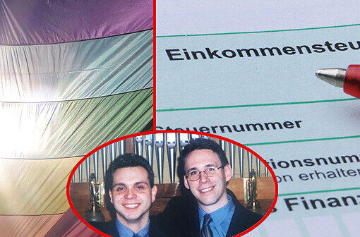 Das Antragsverfahren ist extrem umständlich für homosexuelle Paare. Kleines Bild: Oliver (links) und Stephan Miklosy am Tag ihrer Eintragung als Lebenspartnerschaft am 15.12.2001.