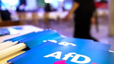 Fähnchen mit dem Logo der AfD liegen auf einem Tisch.
