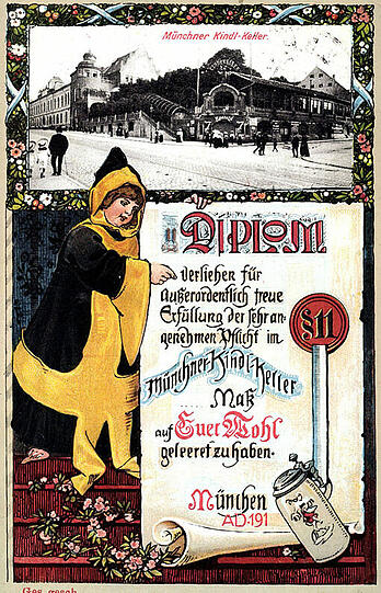 Der Kindl-Keller auf einem "Diplom für Maßentleerung" aus dem Jahre 1910.