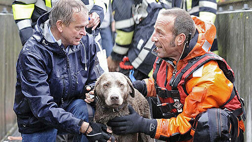 Nach der Rettung durch die Feuerwehr sind Herr und Hund wieder glücklich vereint. Nach der Rettung durch die Feuerwehr sind Herr und Hund wieder glücklich vereint.