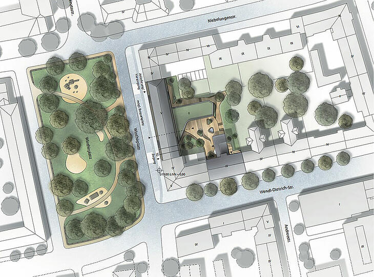 Das Ganze von oben: Links ist der Eingang zum Winthirplatz zu sehen, der mit seiner kleinen Parkanlage wie eine Art "Vorgarten" der Jugendherberge wirkt. Der Altbau bleibt erhalten. Einen exakten Zeitplan für die Erweiterung gibt es noch nicht.