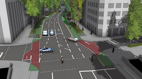 Heute fahren 70 Prozent mehr Radler und 35 Prozent weniger Autofahrer auf der Lindwurmstraße. Das Mobilitätsreferat schlägt deshalb einen Umbau vor. So könnte es an der Poccistraße aussehen. Der grüne Radweg befindet sich dort, wo heute eine Autospur ist.