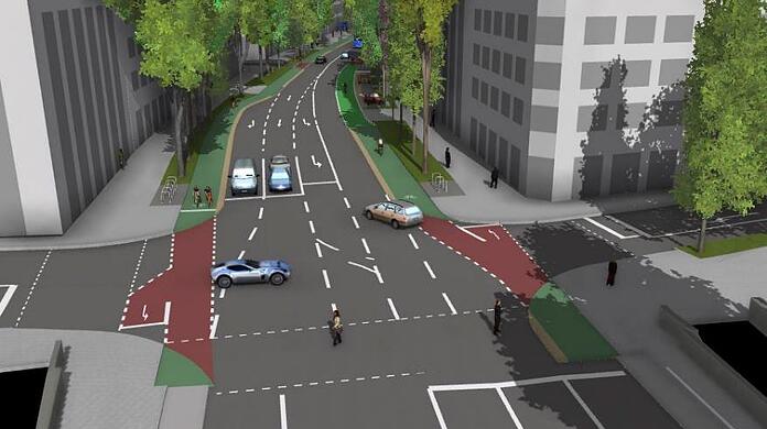 Heute fahren 70 Prozent mehr Radler und 35 Prozent weniger Autofahrer auf der Lindwurmstraße. Das Mobilitätsreferat schlägt deshalb einen Umbau vor. So könnte es an der Poccistraße aussehen. Der grüne Radweg befindet sich dort, wo heute eine Autospur ist.