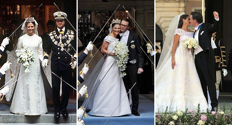 Die schwedischen Royals wissen wie man eine Traumhochzeit feiert: König Carl Gustaf mit seiner Braut Silvia (19.06.1976) und ihre Töchter, Kronprinzessin Victoria mit Prinz Daniel (19.06.2010) sowie Prinzessin Madeleine mit ihrem Ehemann Chris O'Neill (08.06.2013).