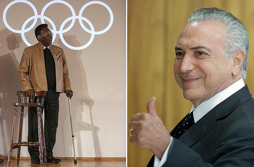 Fußball-Weltstar Pelé (links) soll bei der Eröffnungsfeier eine besondere Aufgabe übernehmen, Brasiliens Interimspräsident Michel Temer rechnet mit massiven Protesten.