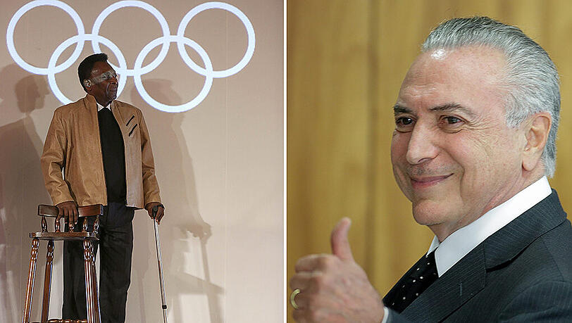 Fußball-Weltstar Pelé (links) soll bei der Eröffnungsfeier eine besondere Aufgabe übernehmen, Brasiliens Interimspräsident Michel Temer rechnet mit massiven Protesten. Fußball-Weltstar Pelé (links) soll bei der Eröffnungsfeier eine besondere Aufgabe übernehmen, Brasiliens Interimspräsident Michel Temer rechnet mit massiven Protesten.