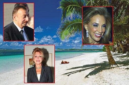 Offshore&ldquo;, weit weg von der Zivilisation mit ihren Finanzämtern schicken Reiche und Superreiche ihre Millionen. Samoa mit seinen Palmenstränden ist eines dieser Steuerparadiese. Kleine Bilder: Ilham Aliyev, Denise Rich, und Carmen Thyssen-Bornemisza.