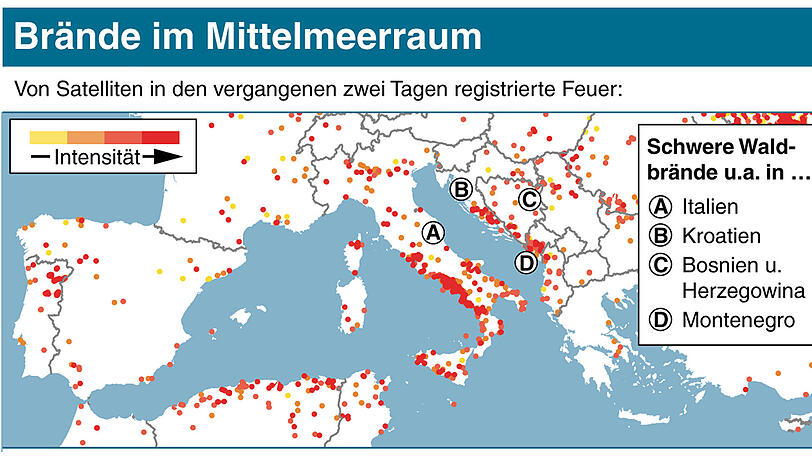 Die Grafik zeigt: In Mittel- und Südeuorpa lodern die Flammen.