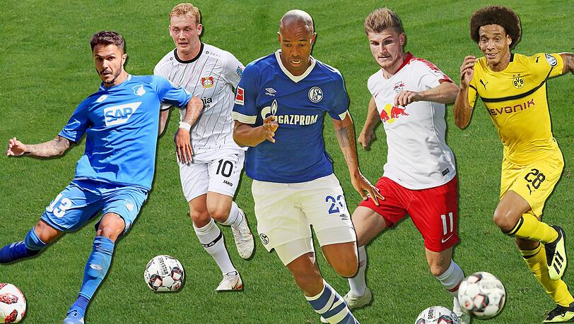 Wollen mit ihren Teams in die Champions League (v.l.): Hoffenheims Leonardo Bittencourt, Leverkusens Julian Brandt, Schalkes Naldo, Leipzigs Timo Werner und Dortmunds Axel Witsel.