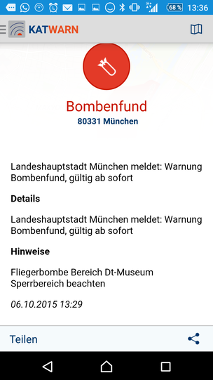 Die Polizei informierte die Bürger über die Katastrophen-Warn-App Katwarn über den Bombenfund.