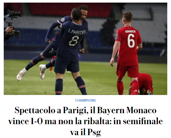 "La Republicca" aus Italien schreibt von einem "Spektakel in Paris": "Bayern München gewinnt 1:0, steht aber nicht im Rampenlicht. PSG zieht ins Halbfinale ein."