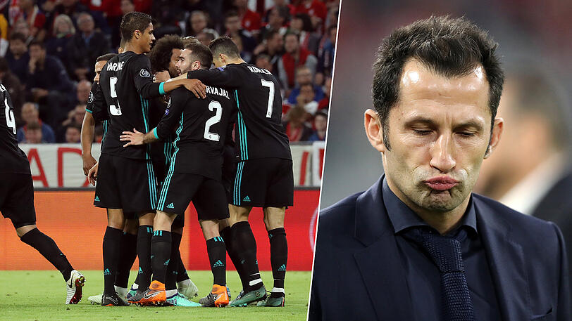 Die Spieler von Real Madrid jubeln nach dem 1:1-Ausgleichstreffer. Die Bayern um Sportdirektor Hasan Salihamidzic müssen im Rückspiel mindestens zwei Tore erzielen.