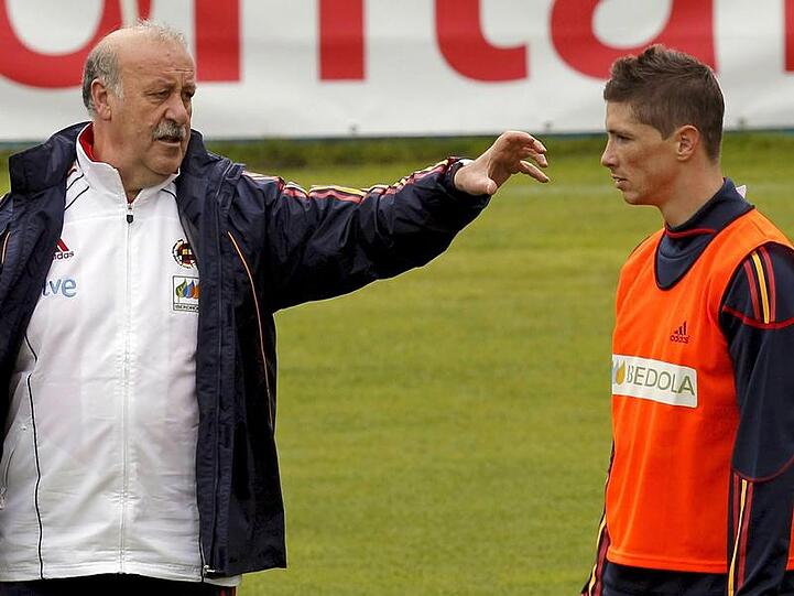 Spaniens Coach Vicente del Bosque und sein Torjäger Fernando Torres