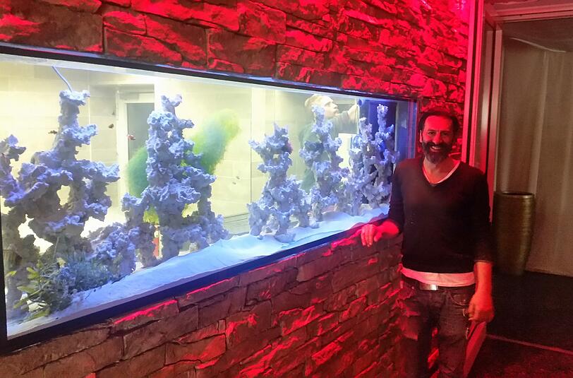 Kult-Wirt Ugo Crocamo vor seinem neuen Großaquarium.