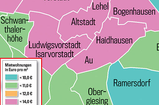 So teuer ist Wohnen in München! Die Münchner Stadtviertel sind in dieser Grafik je nach Quadratmeterpreis eingefärbt. Klicken Sie einfach durch die Quartiere.