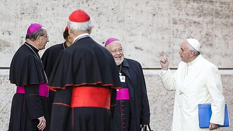 Ein erhobener Zeigefinger von Papst Franziskus an die Bischöfe bei der Endphase des Treffens &ndash; wie er das wohl meint?