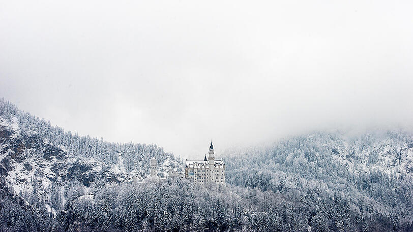 Schloss Neuschwanstein umringt von verschneiten Wäldern.