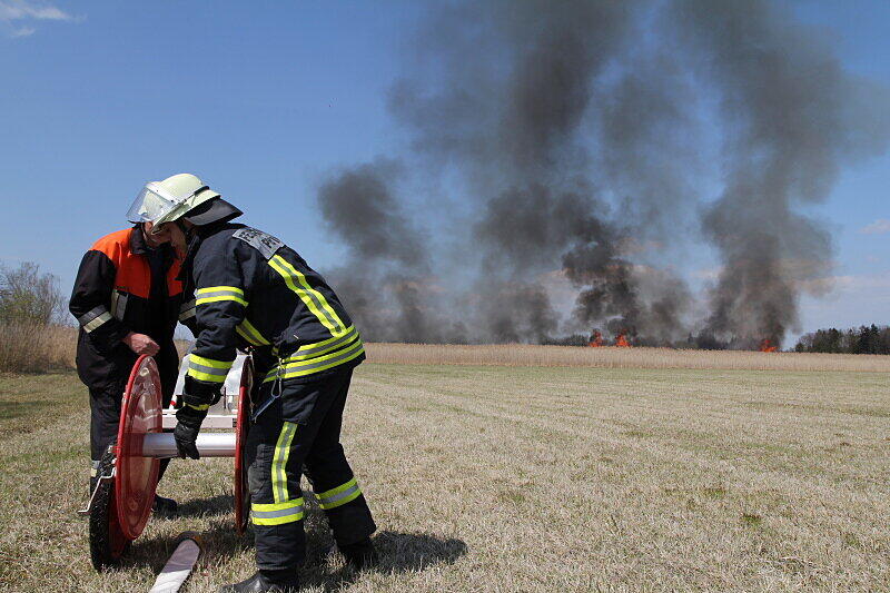 Mit einer Löschkette kämpften ein Feuerwehrmänner gegen die Feuerwalze, die sich durch das Schilf fraß.