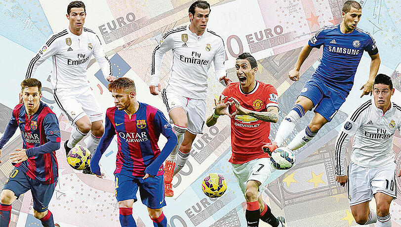 Sieben der im Moment wohl teuersten Fußballer der Welt: Messi, Ronaldo, Neymar, Bale. Di Maria, Hazard und Rodriguez.