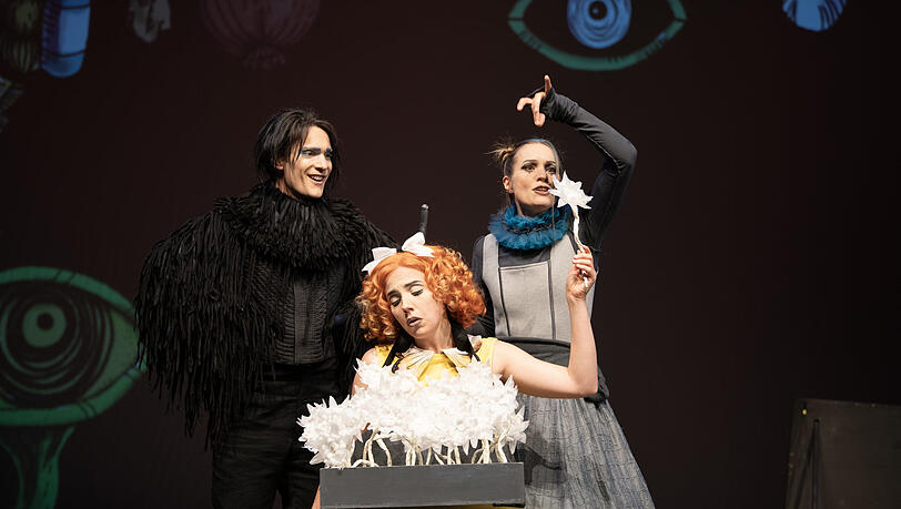 Janosch Fries als Rabe Abraxas, Annelie Straub (vorne als Blumenmädchen) und die kleine Hexe (Simone Oswald). Janosch Fries als Rabe Abraxas, Annelie Straub (vorne als Blumenmädchen) und die kleine Hexe (Simone Oswald).