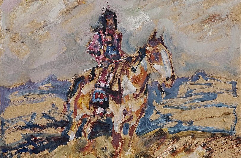 Blackfeet-Krieger zu Pferde von Julius Seyler.