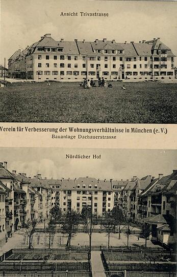 Die Aufnahme aus dem Jahr 1931 zeigt den Wohnblock der Genossenschaft "Wohnungsverein" in der Dachauer Straße. In Neuhausen gibt's viele Genossenschaftssiedlungen, aber auch prächtige Villen.