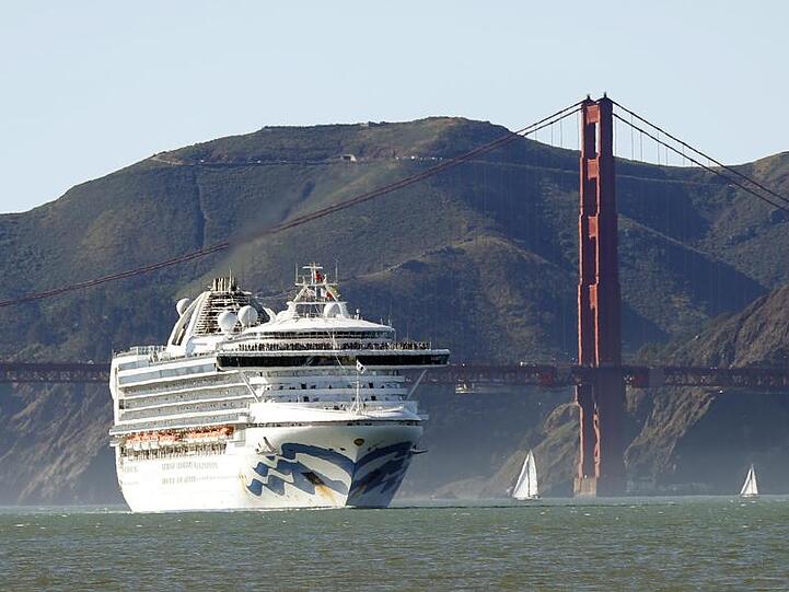 Das Kreuzfahrtschiff "Grand Princess" vor der Golden Gate Bridge kommt aus Hawaii in San Francisco an.