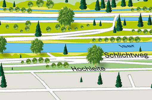 Prinz-Ludwigshöhe, Höhe Josephinenstraße: Ein Weg führt hier links der Isar auch auf die von Kanal und Fluss umspülte Insel.