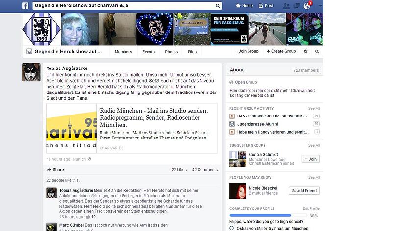 Auf dieser Facebook-Gruppe entlädt sich der Shitstorm der Löwen-Fans gegen Charivari-Moderator Jan Herold.