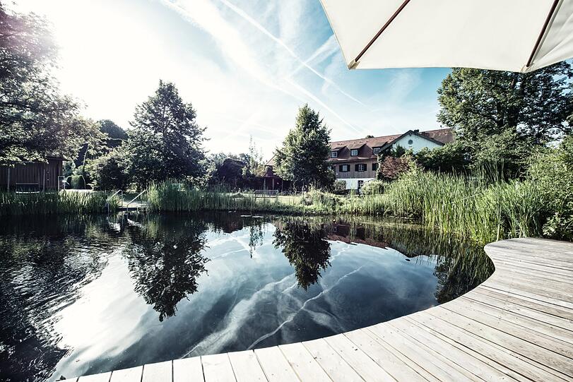 Der nach Feng-Shui ausgerichtete Naturbadeteich des Biohotels ist nicht nur schön anzusehen, sondern lädt Gäste zum Schwimmen ein