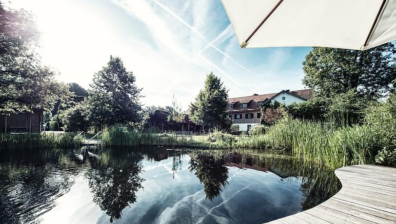 Der nach Feng-Shui ausgerichtete Naturbadeteich des Biohotels ist nicht nur schön anzusehen, sondern lädt Gäste zum Schwimmen ein Der nach Feng-Shui ausgerichtete Naturbadeteich des Biohotels ist nicht nur schön anzusehen, sondern lädt Gäste zum Schwimmen ein