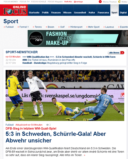 "Focus online" feiert zwar auch den dreifachen Torschützen, verweist aber auf Abwehrschwächen.