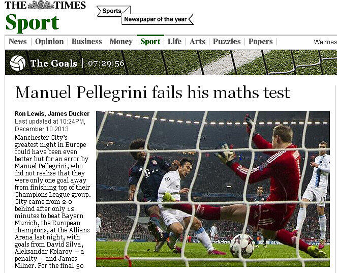 "Manuel Pellegrini scheitert beim Mathe-Test" - Anspielung der "Times" auf den Trainer von ManCity, der die Regeln für einen Gruppensieg nicht im Kopf hatte.