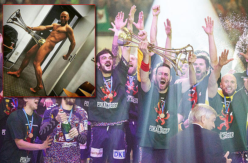 Die Füchse Berlin feiern ihren EHF-Coup. Vor allem Konstantin Igropulo ließ es krachen.