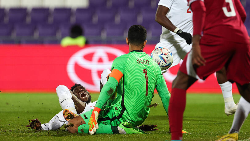 Alphonso Davies (l.) musste gegen Katar ganz schön einstecken.