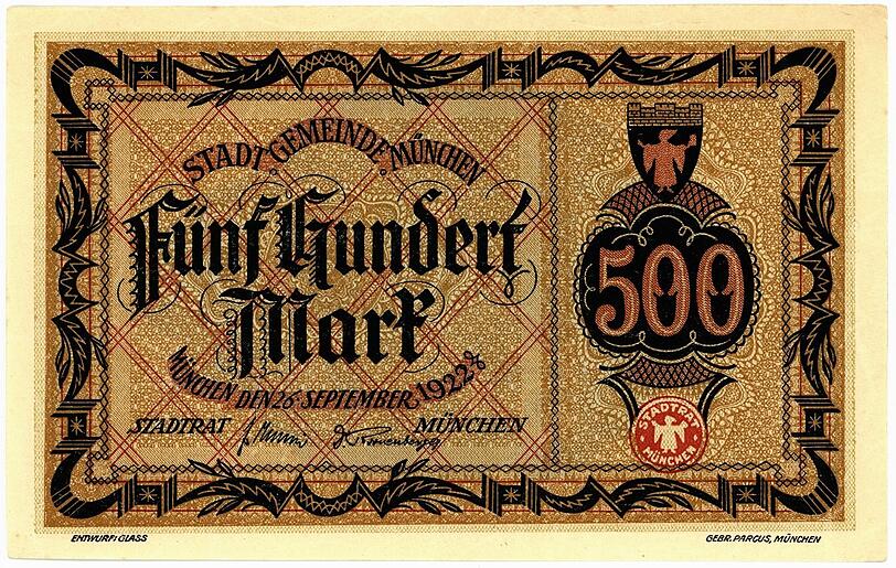 Auf der Rückseite des 500-Mark-Gutscheins findet sich das Datum "26. September 1922" und das aufgedruckte rote Siegel "Stadtrat München" mit Münchner Kindl.