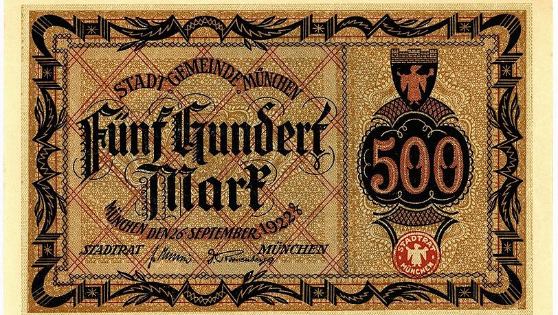 Auf der Rückseite des 500-Mark-Gutscheins findet sich das Datum "26. September 1922" und das aufgedruckte rote Siegel "Stadtrat München" mit Münchner Kindl.