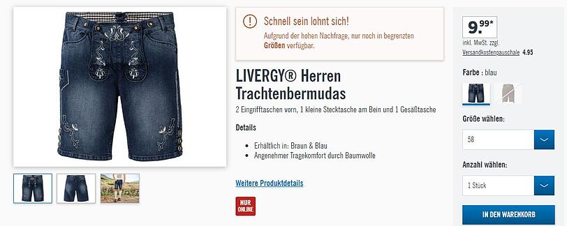 Die beim Discounter angebotene Herren-Trachtenhose im Lederhosn-Jeans-Look ist angeblich nur noch begrenzt verfügbar.